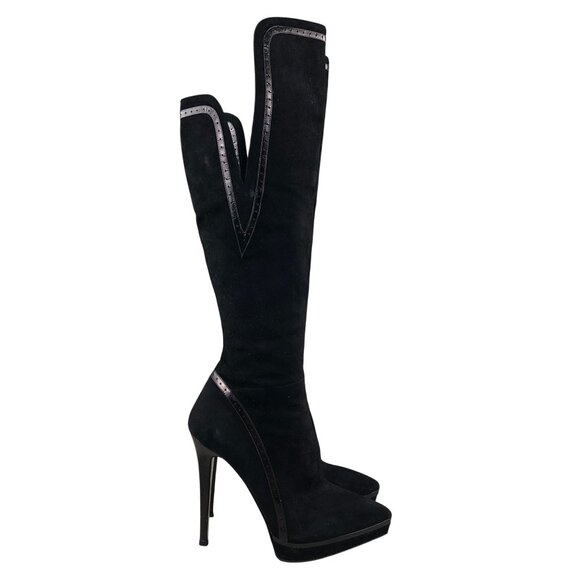 Francesco Sacco Women's Size 37 Black Leather Stiletto Heel OTK Boots ITALY